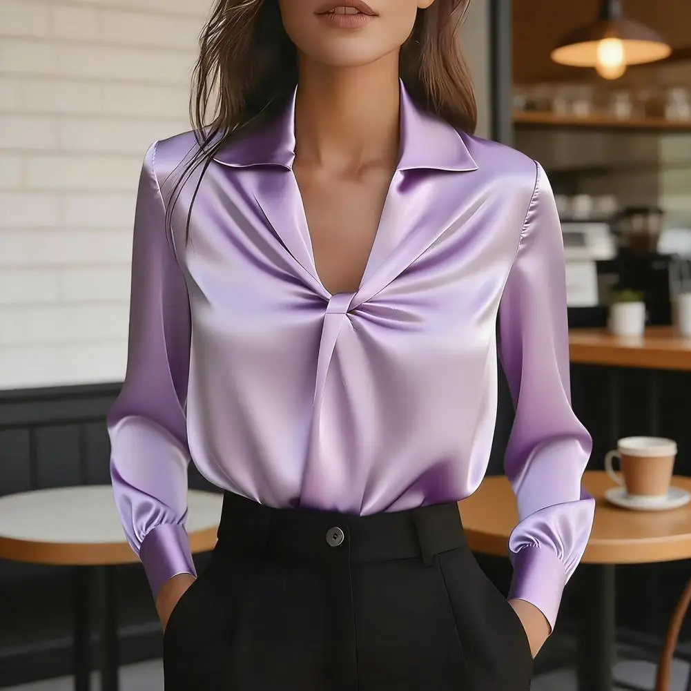 

Женская блузка с V-образным вырезом, плиссировкой и узлом, с длинными рукавами, однотонная, из гладкого атласа, повседневная, для ежедневной носки