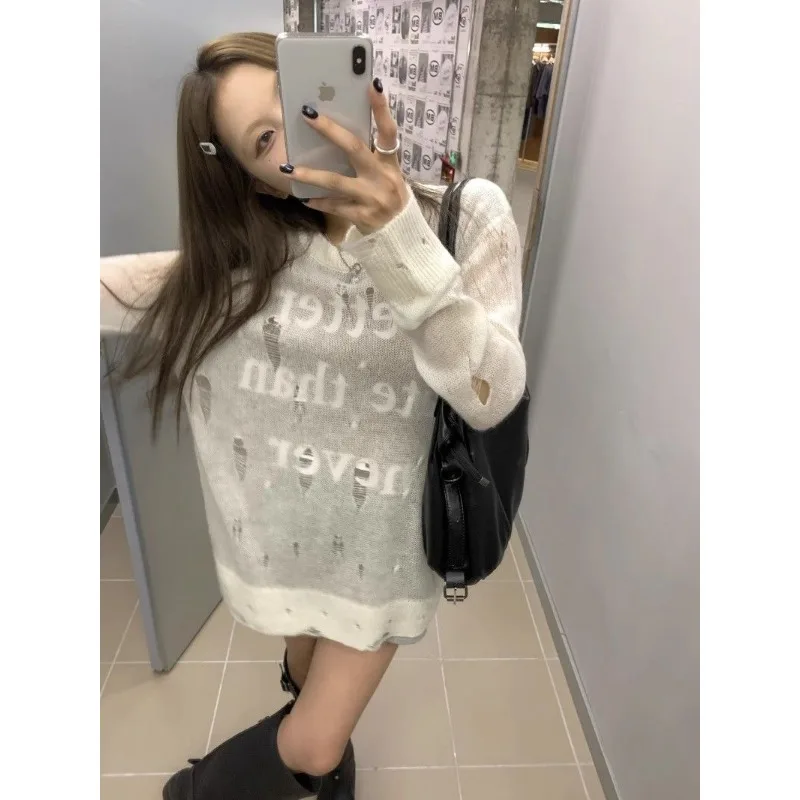 Deeptown Y2k White Hollow Out Women Kint Sweaters Harajuku Letter Pullovers See Through Korean Fashion Oversized Autumn Knitwear