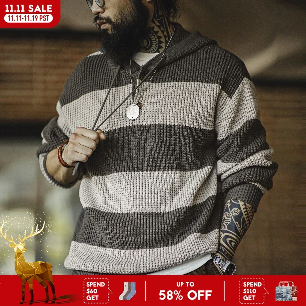 

Maden Casual Striped Knit Hoodie with Wooden Button Collegiate Style for Fall and Winter Tops for Men's Loose Pullover Sweater