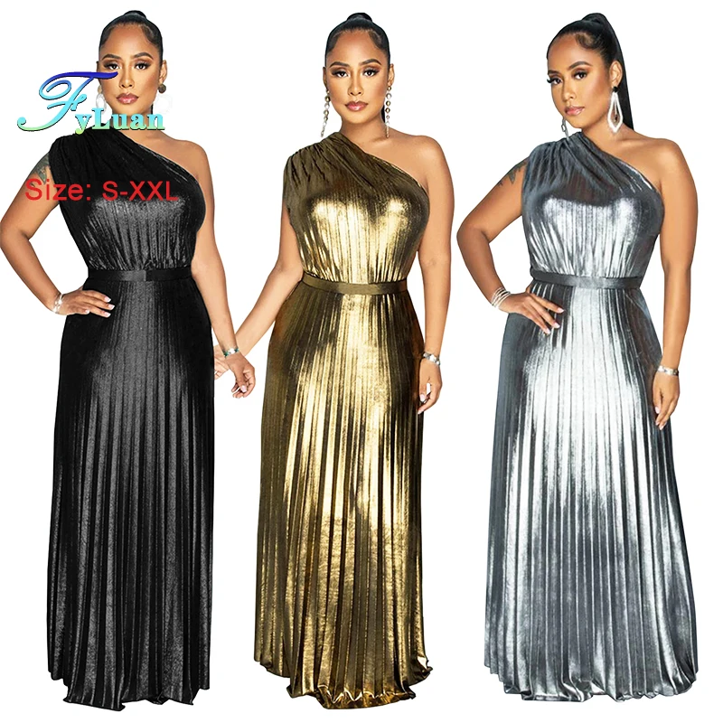 เดรสออกงานกลางคืนแฟชั่นใหม่สำหรับผู้หญิง ดีไซน์หรูหรา แต่งลายปั๊มร้อน ไหล่เฉียง แขนกุด สีพื้น เซ็กซี่ ชายระบายสวยงาม เหมาะสำหรับงานพรอม