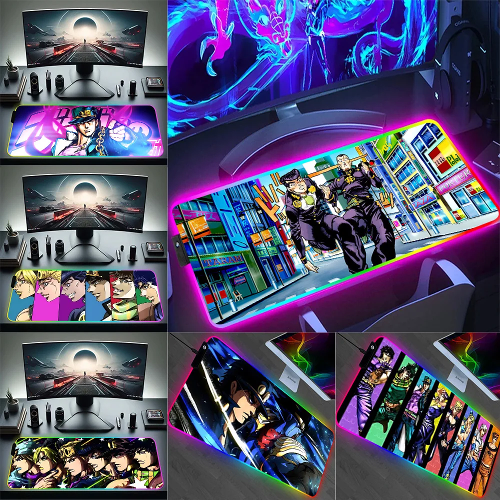 

RGB Pc Gamer Keyboard Mouse Pad Mousepad Anime JoJo's Bizarre Adventure LED Glowing Mouse Mats Rubber Gaming Computer Mausepad