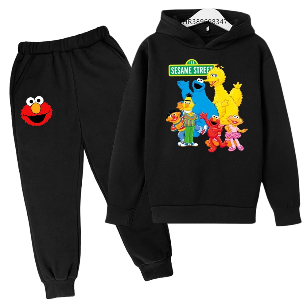 Children Holiday gifts Hoodie+Pants Clothing Suitable age 3-12 Boys Girls Autumn Winter coat black Sweatshirt set Sesame Street