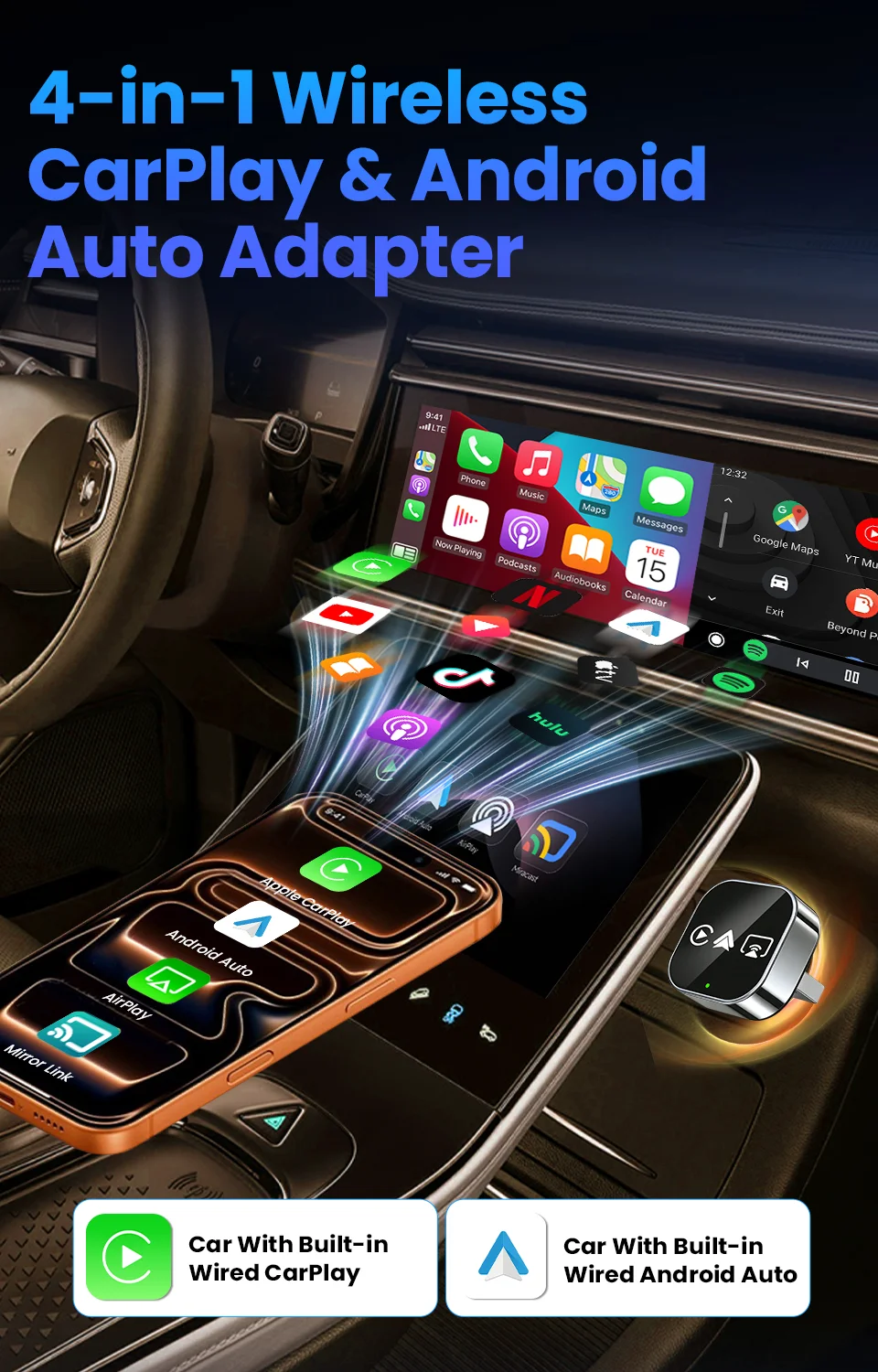 CarRocket Intelligente Autosysteme 4-in-1 Kabelloser CarPlay-Adapter Android Auto für eingebautes CarPlay passend für VW FAIT – Detail 1
