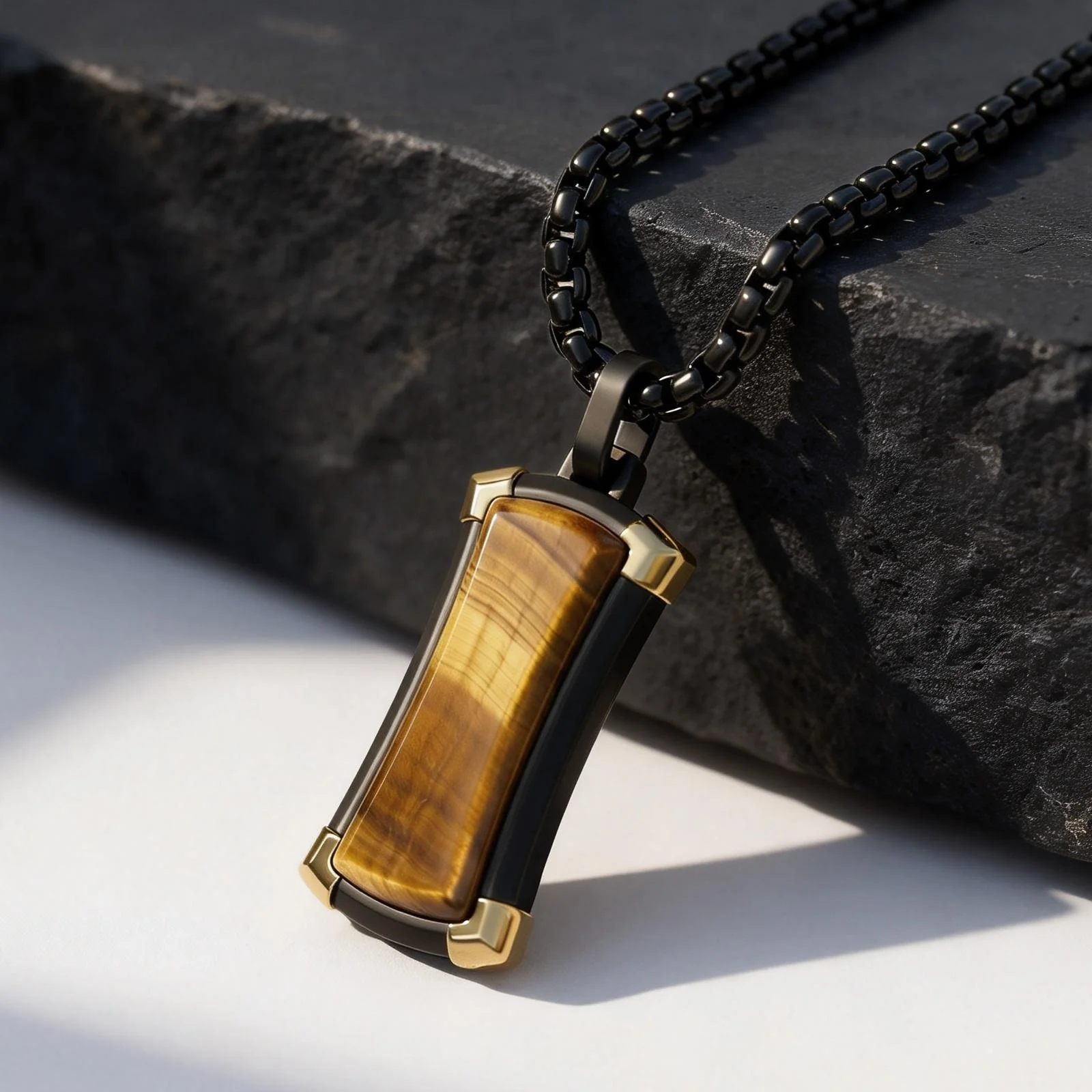 

Мужской браслет-подвеска с табличкой, черный, из нержавеющей стали, с натуральным камнем тигровый глаз, стильный подарок на день рождения