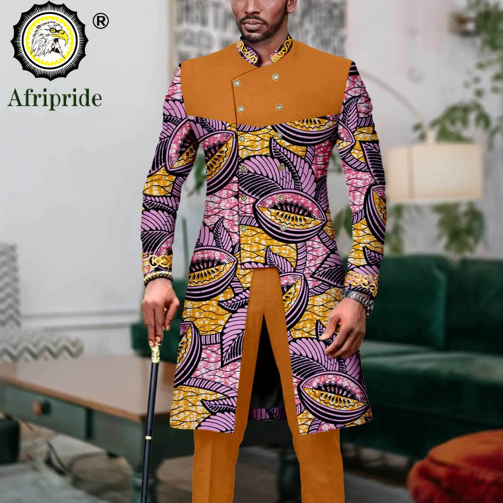 Men`s Suit African Clothes Double Breasted Slim Fit Dashiki Jackets and Pants 2 Piece Set Formal Outfits Print Attire A2316062