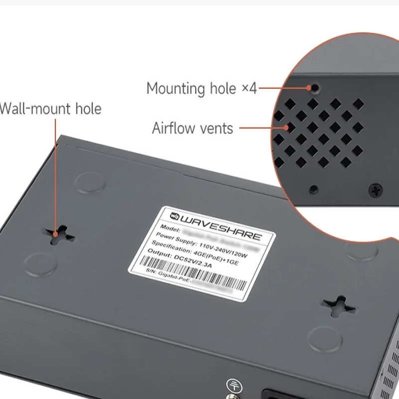 120W 기가비트 이더넷 PoE 스위치, 4x PoE+ 포트, 포트당 최대 30W, 802.3af/at 준수, 팬리스 설계, 고속 이더넷 포트