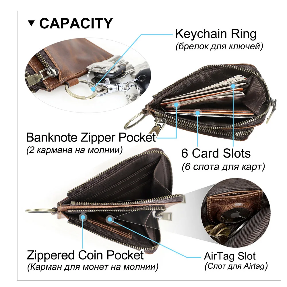 2026 New Fashion Leather Men Short Wallets Full Grain Leather Mini Wallet Key Chain AirTag Card Holder Coin Purses Simple Design