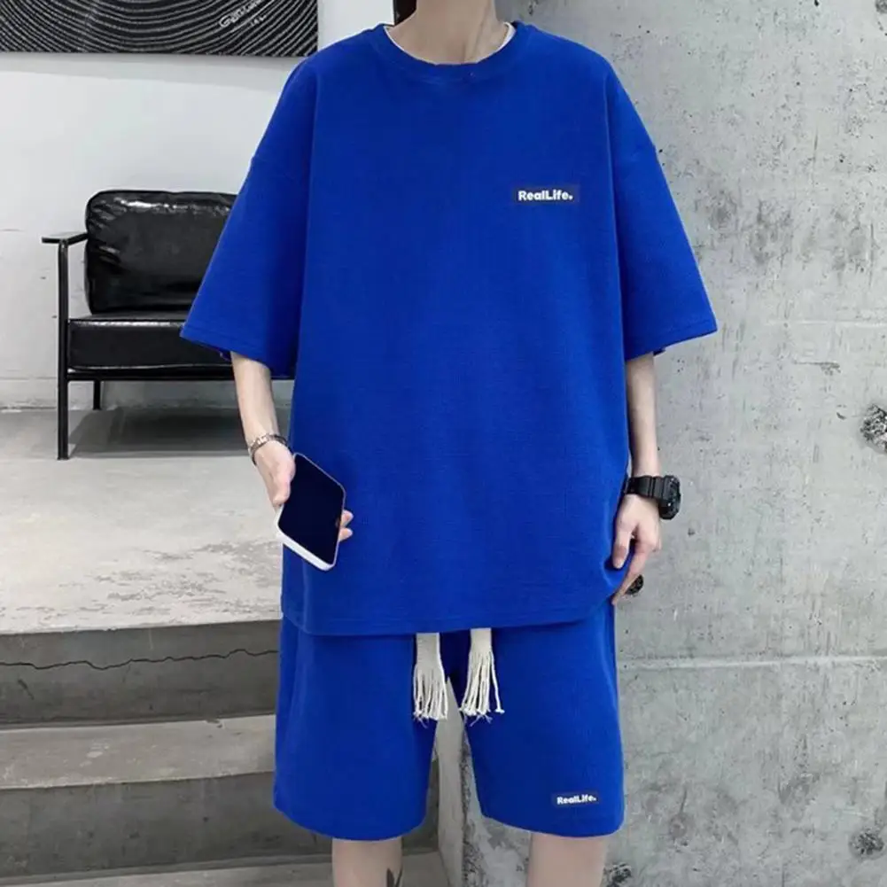 Men Two Piece Set Men's Summer Tracksuit Shorts Set with Waffle Texture Fabric Oversize Short Sleeve Sweatsuit for Versatile