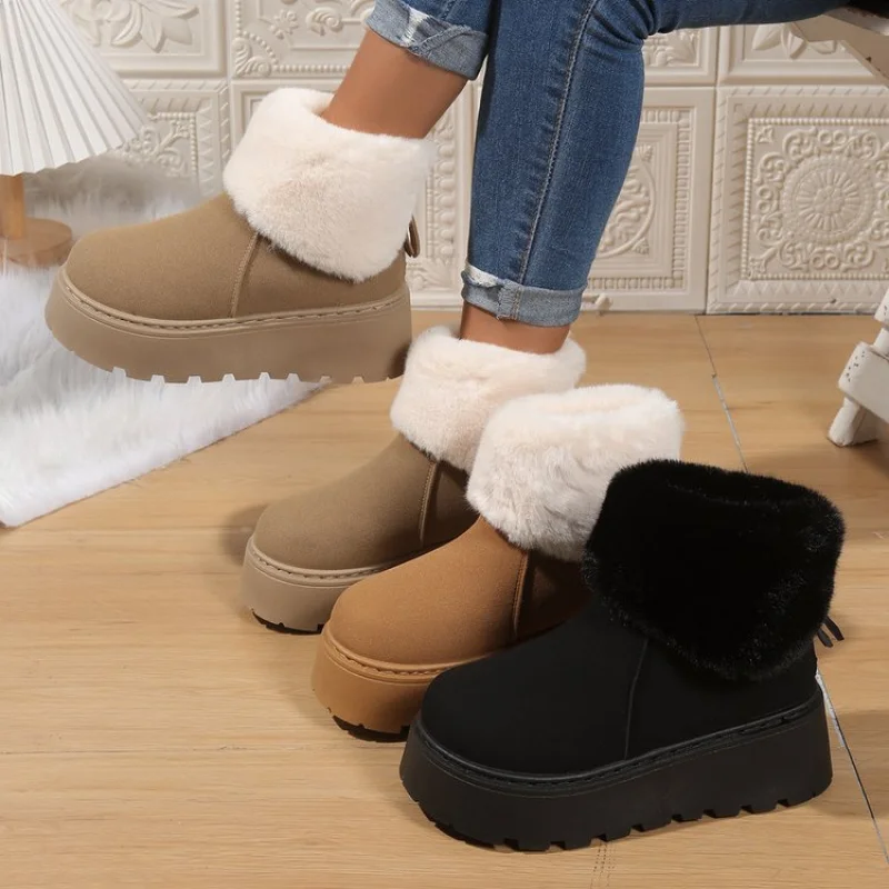 

High Heel(5-8cm)Suede Boots Slip-On Snow Boots Winter Rubber Round Toe Mid-Calf Faux Short Plush