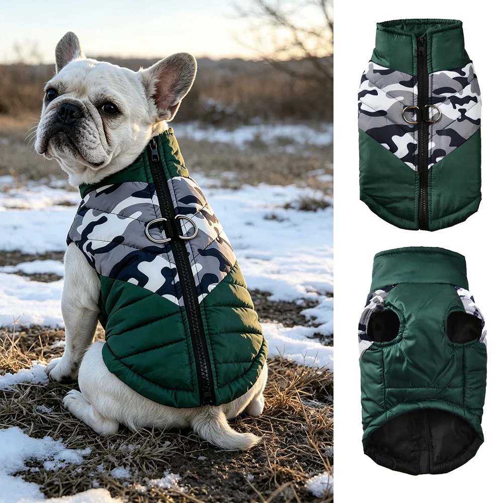 Winterwarme Hundekleidung für kleine und mittelgroße Hunde, Tarnmuster-Haustierweste mit Reißverschluss, wasserdichte Jacke für Yorkshire-Mops