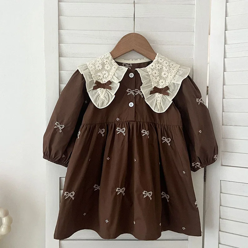 2024 Autumn Baby Girl Party Dress Cotton Embroidery Bow Splicing Dress Long Sleeved Kids Princess Dresses Lace Collar Clothing