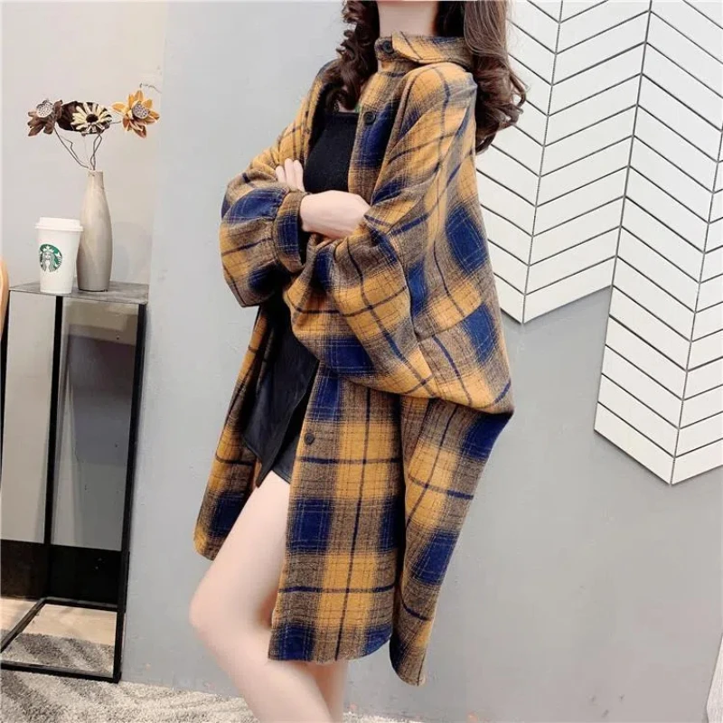 Street Casual Plaid Loose Blouse Spring Autumn New Long Sleeve Polo Neck Youth Vintage Shirt Tops Fashion Korean Women Clothing