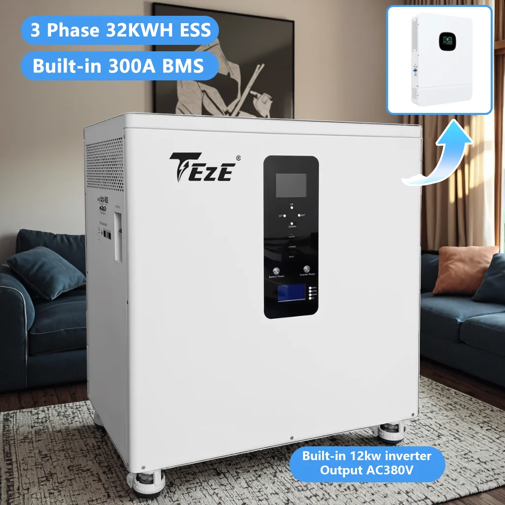 Teze 3 Phase AC 380V 51.2v 32kwh/30kwh Built in 12kw Inverter 600Ah 628Ah Battery Mobile Solar Energy Storage System All in One