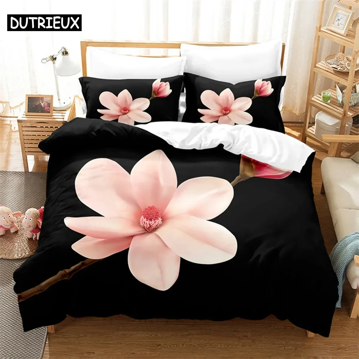 

Pink Flower Queen Bedding Set Black Duvet Cover Set Bedding Digital Printing Bed Linen King Size Duvet Cover Set