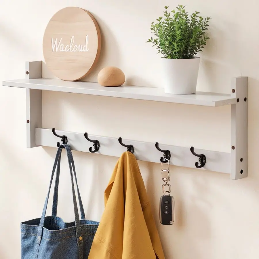 

29-дюймовая настенная вешалка с крючками и полкой Большие деревянные вешалки для шляп, ключей, полотенец, халатов u2013 Functiona