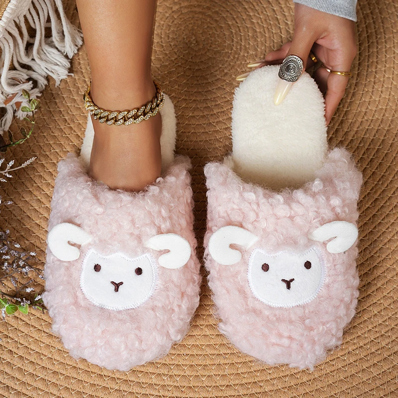 Super Soft Sole Cartoon Fluffy Home Slippers Women Light Indoor Warm Couple Plush Slippers Mute Cotton Fuzzy Floor Shoes 36-45