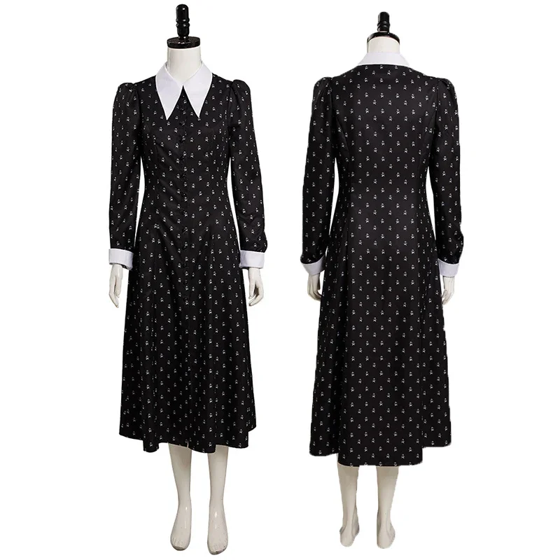 Film Wednesday Addams Jurken Cosplay Kostuums Vrouwen Meisje Weddenday Addams Cosplay Jurk Outfits Zwart Gothic Print Kostuum