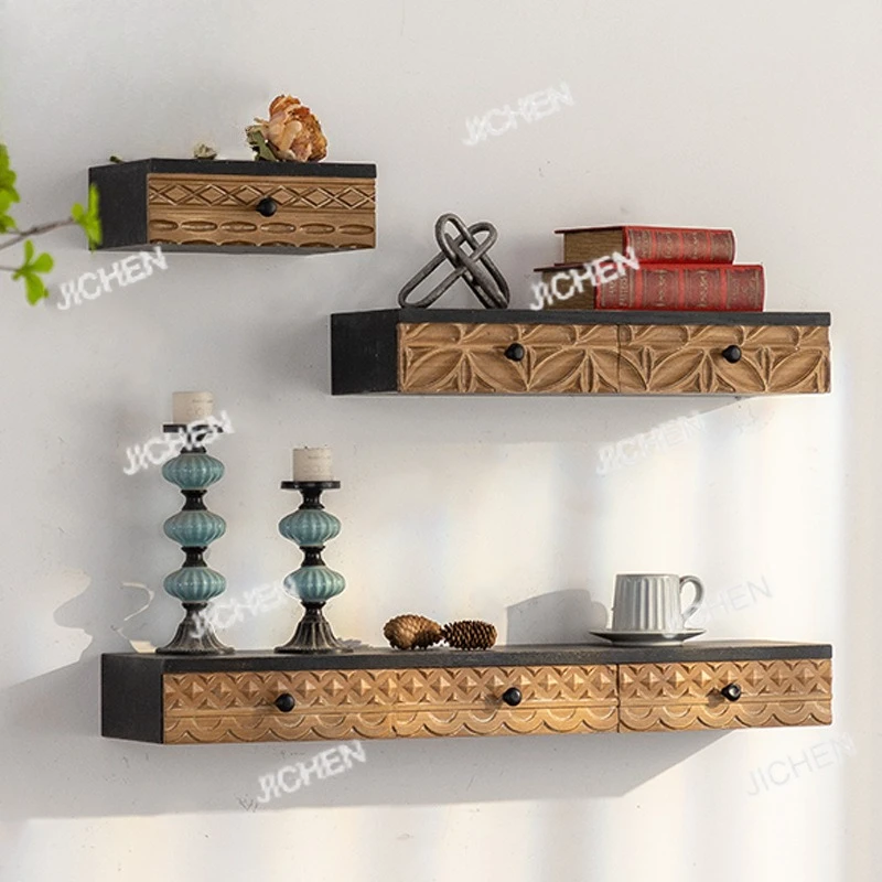 

Solid wood retro wall baffle American background wall decorative frame wall hanging can be stored drawer hanging cabinet