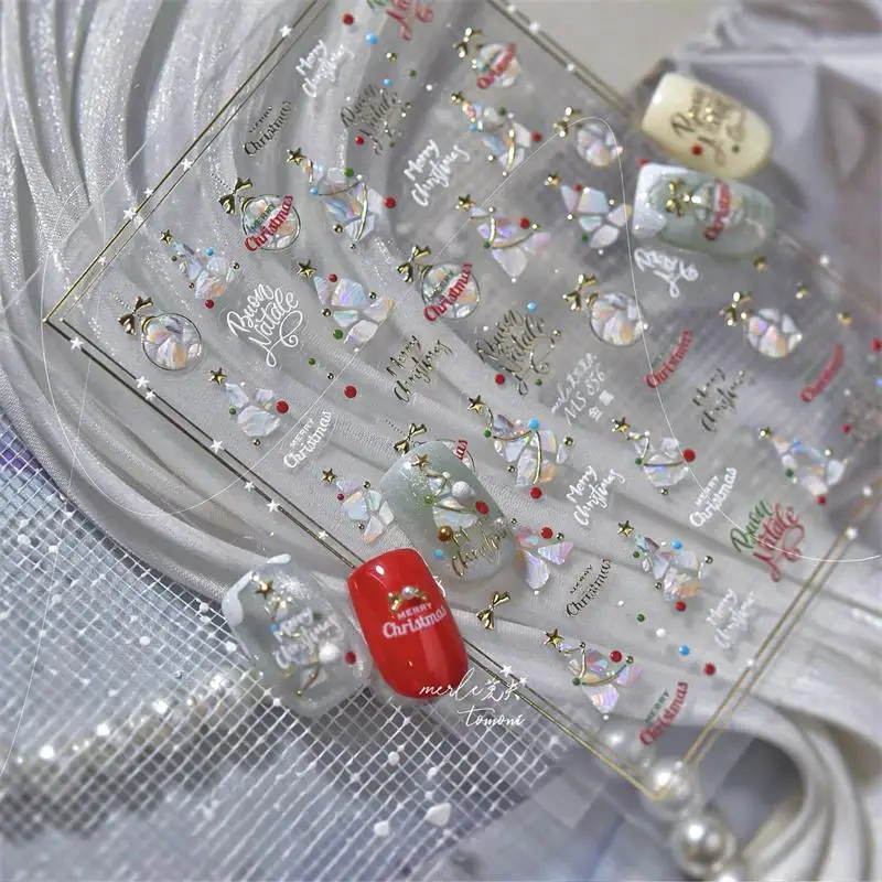 Cute Christmas Style Bow Star Christmas Tree Nail Art Stickers Girly Nail Art Print Embossed Stickers Women Nail Decoration Gift