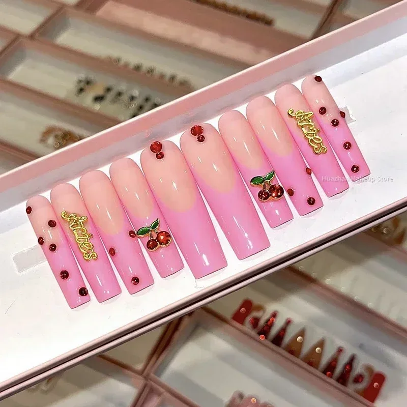 Handmade XXL Long Square Pink French Style Customized Press On Nails Full Cover False Nails Tips Fake Nail With Glue Party Gift