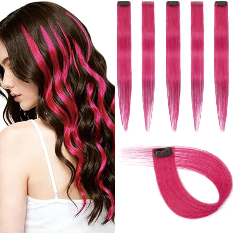 Colored Clip in Human Hair Extensions 5Pcs Rainbow Streak Hairpiece for Girls Women Party Cosplay Stylish Highlights Daily Use