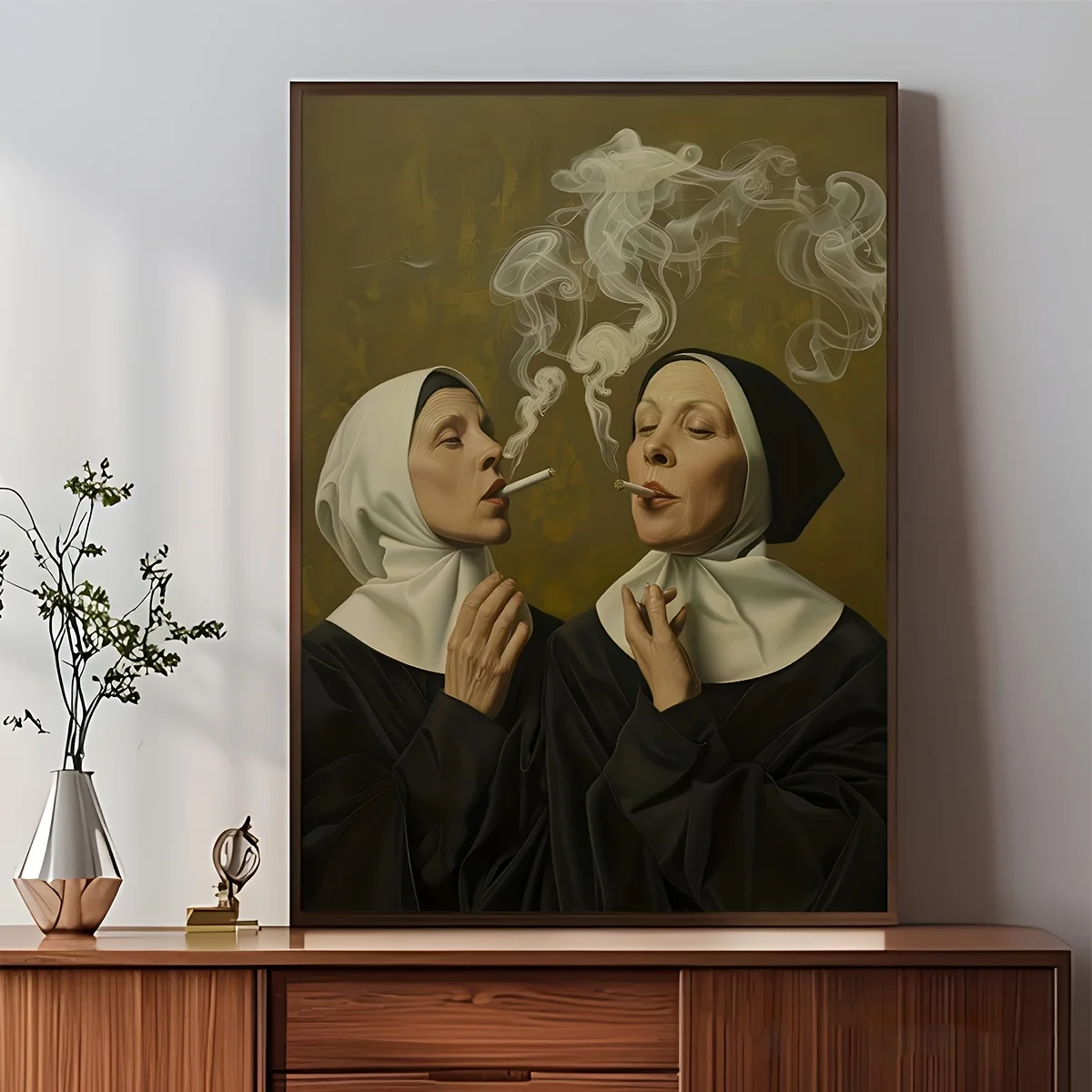 Nuns' Habit of Smoking Art Poster: A Whimsical Take on Classic Nun Portraits, Available in Various Sizes for Your Home Decor