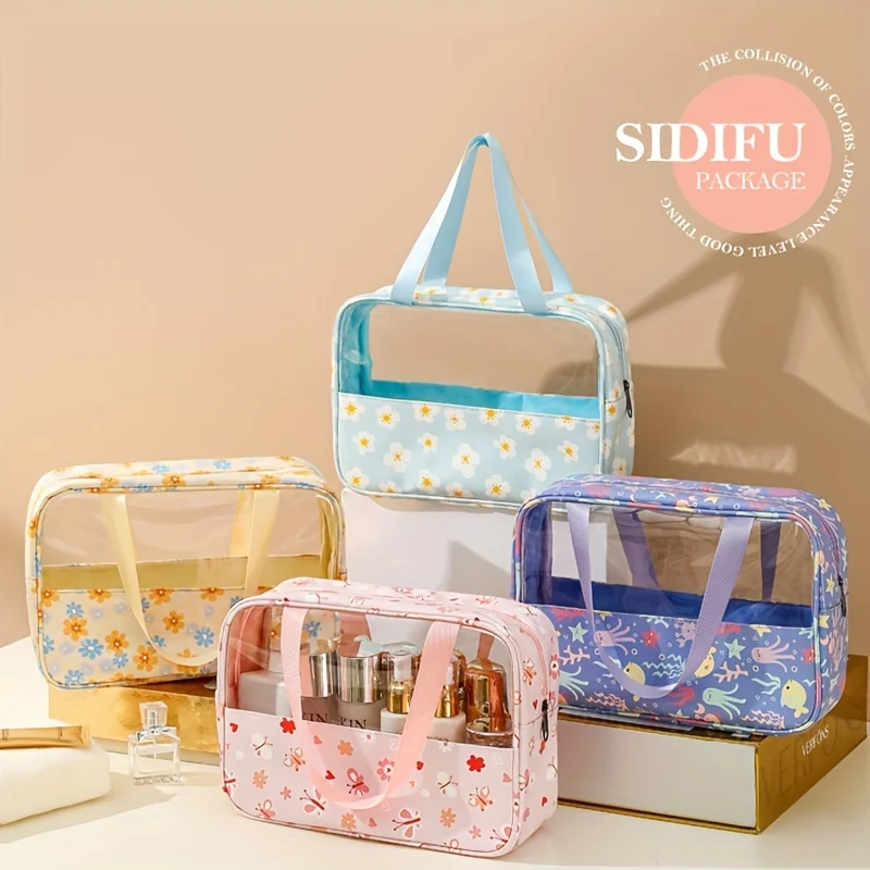 3pcs/set printed transparent stitching cosmetic bag pu waterproof portable toiletry bag large capacity bath bag travel portable