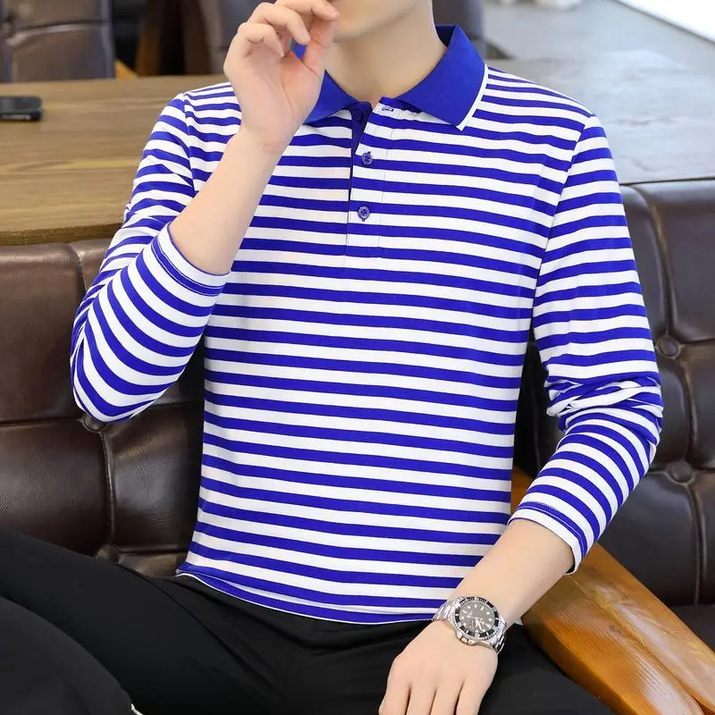 Men's Youth Teenager Cotton Long Sleeve Striped Polo Shirt Business Casual Spring Autumn Casual Wear Base Layer Top