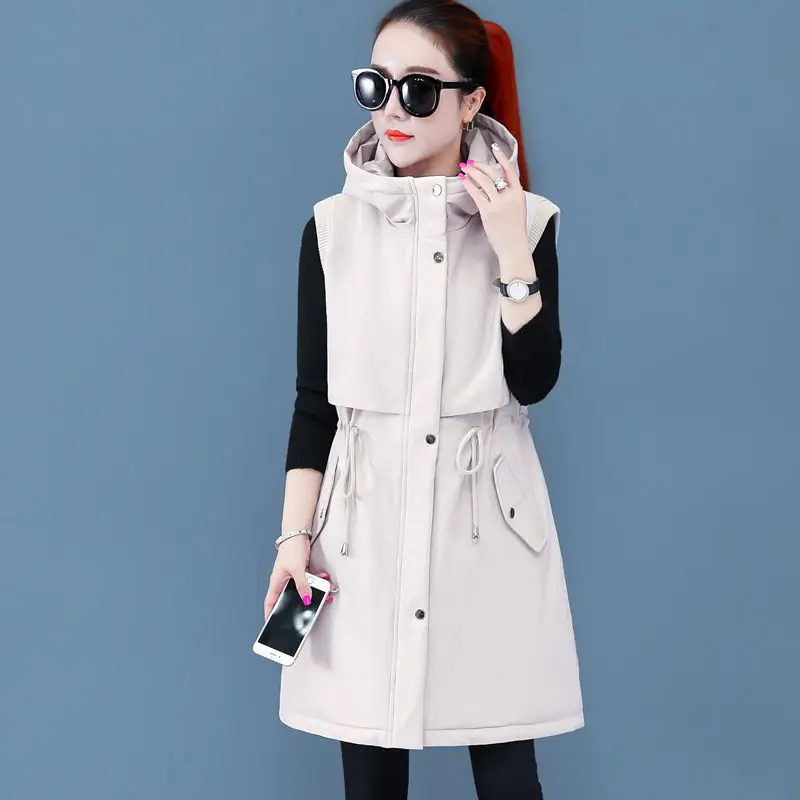 Women's Long Sleeveless Cotton Jacket Ladies Autumn Winter Plus Velvet Thick Warm Vest Hooded Zipper Waistcoat for Female