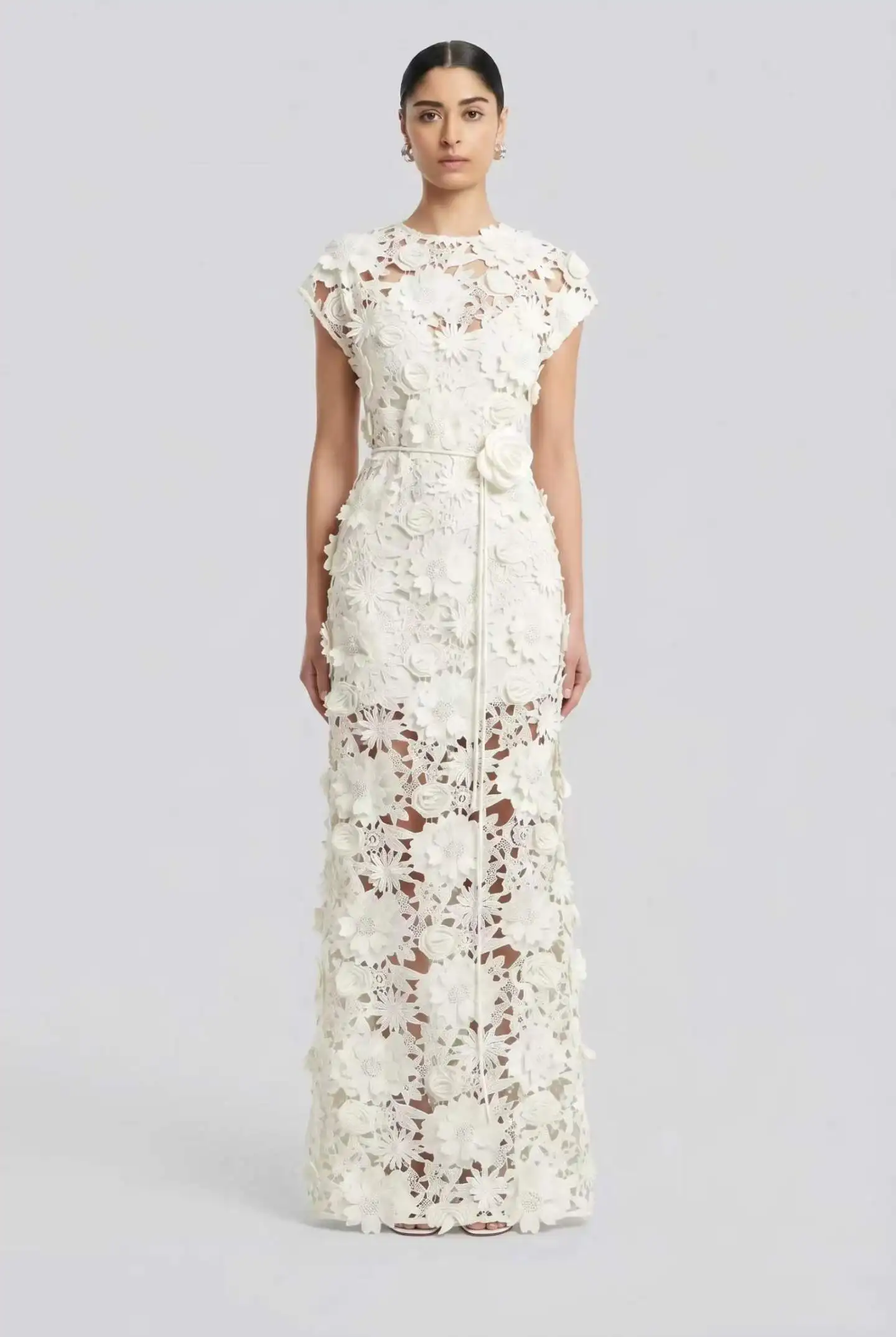 

High Quality 2026 Women 3D Floral Lace Midi Dress Cap Sleeve Belted Formal Wedding Guest & Evening Party Dress 3 Colors