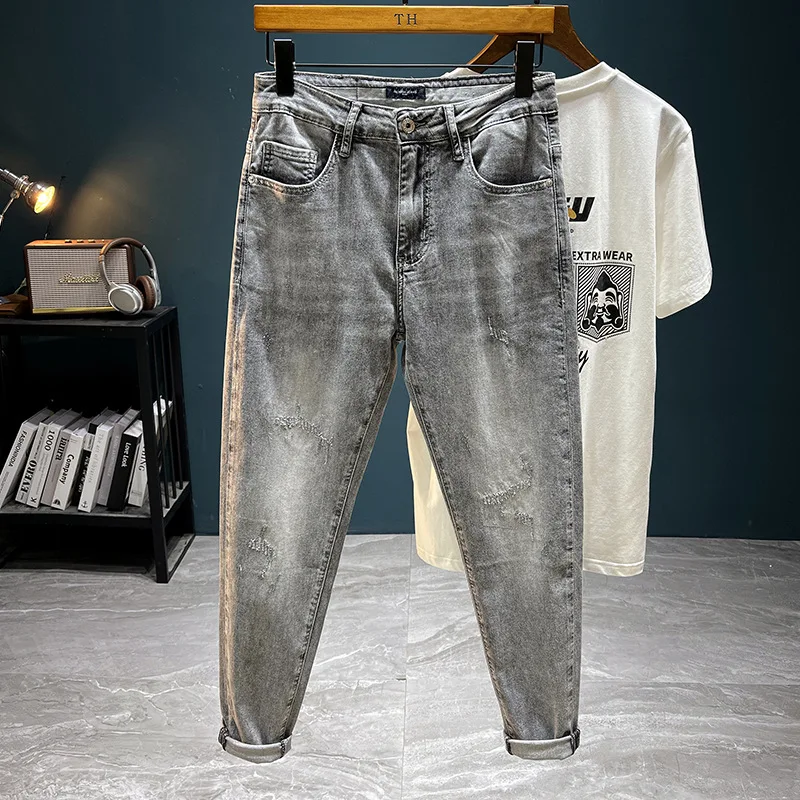 2024 high end luxury Grey embroidered jeans for MEN'S elastic slim fit straight leg fashion casual versatile denim pants