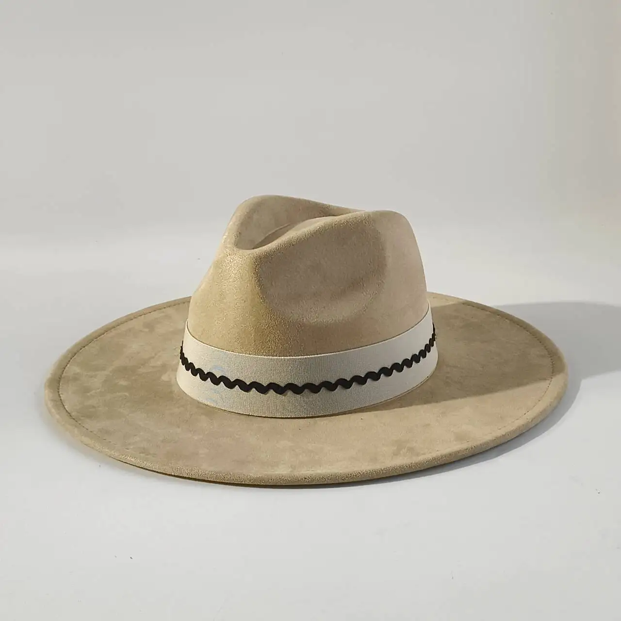 Elegant Beige Faux Suede Fedora Hat Women, Chic Black Wavy Stitch Ribbon Wide Brim Jazz Cap, Retro Western Cowgirl Hat Outdoor V