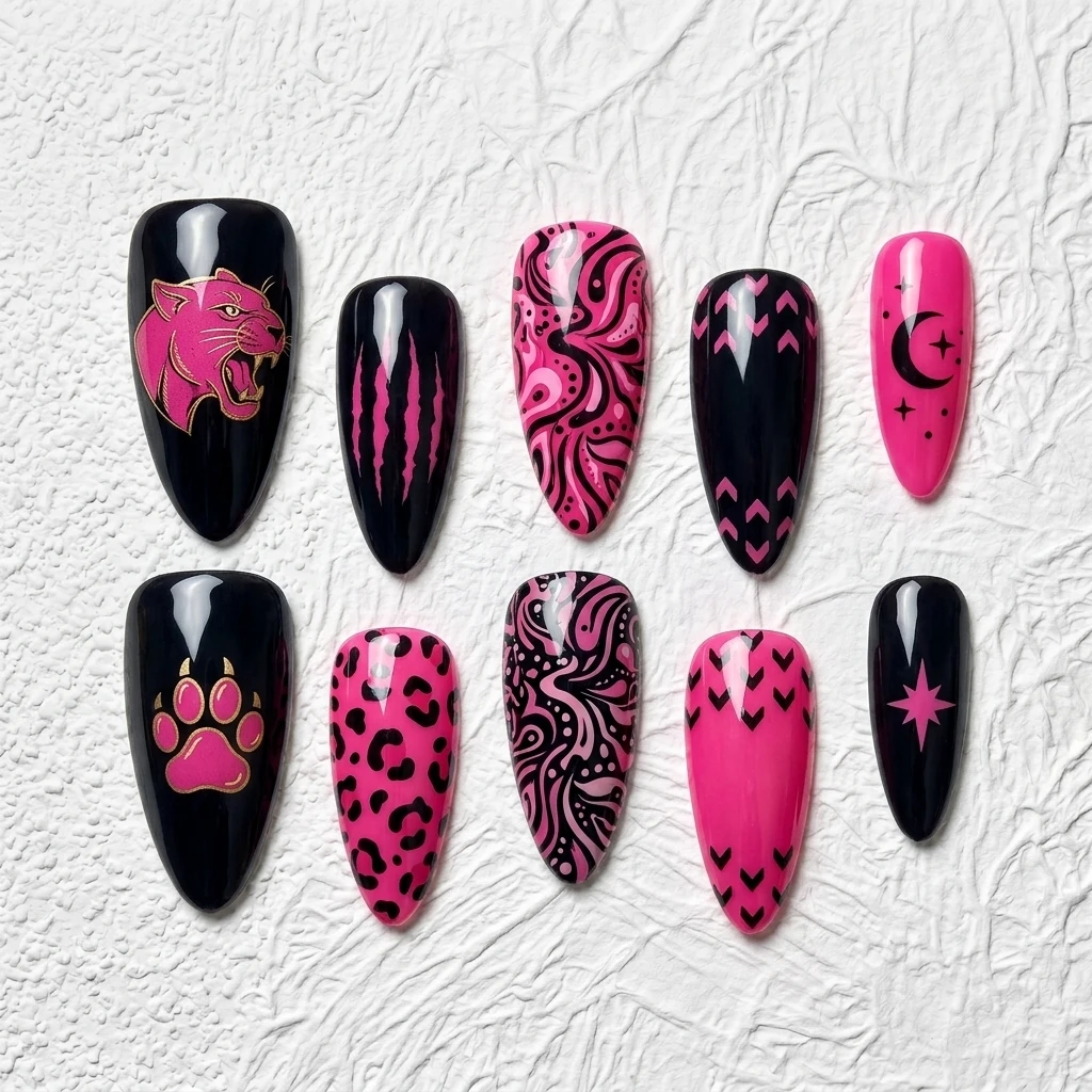 Artisan Handcrafted 10PCS Wildcat & Moon Almond Press-On Nails | Black & Hot Pink, Gold Accents, Leopard, Swirls, Moon Stars, Pa