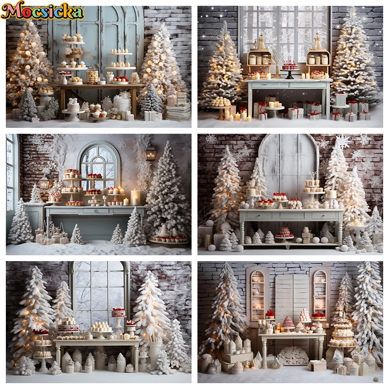 

Christmas Wall Backdrop Photography Prop Winter Snow Tree Happy Birthday Cake Crush Background Wallpaper Decoration Photo Studio