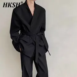 HKSH Autumn Spring New Men's Tide Darkwear Japanese Chic High End Blazer Techwear Punk Style Collarless Belt Coat Fashion HK2504