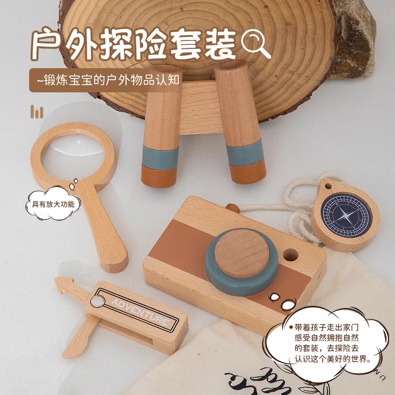 

Wooden Kids Outdoor Explorer Kit with Telescope Compass Magnifying Glass & Pretend Camera Nature Educational Adventure Toy Set