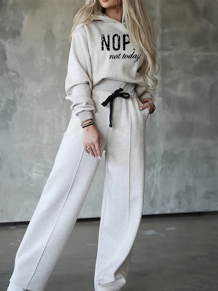 Sets Outifits 2024 New Nope Not Today Print Hoodie &Wide Leg Pants Set of Two Fashion Casual Pieces for Women Tracksuits Elegant