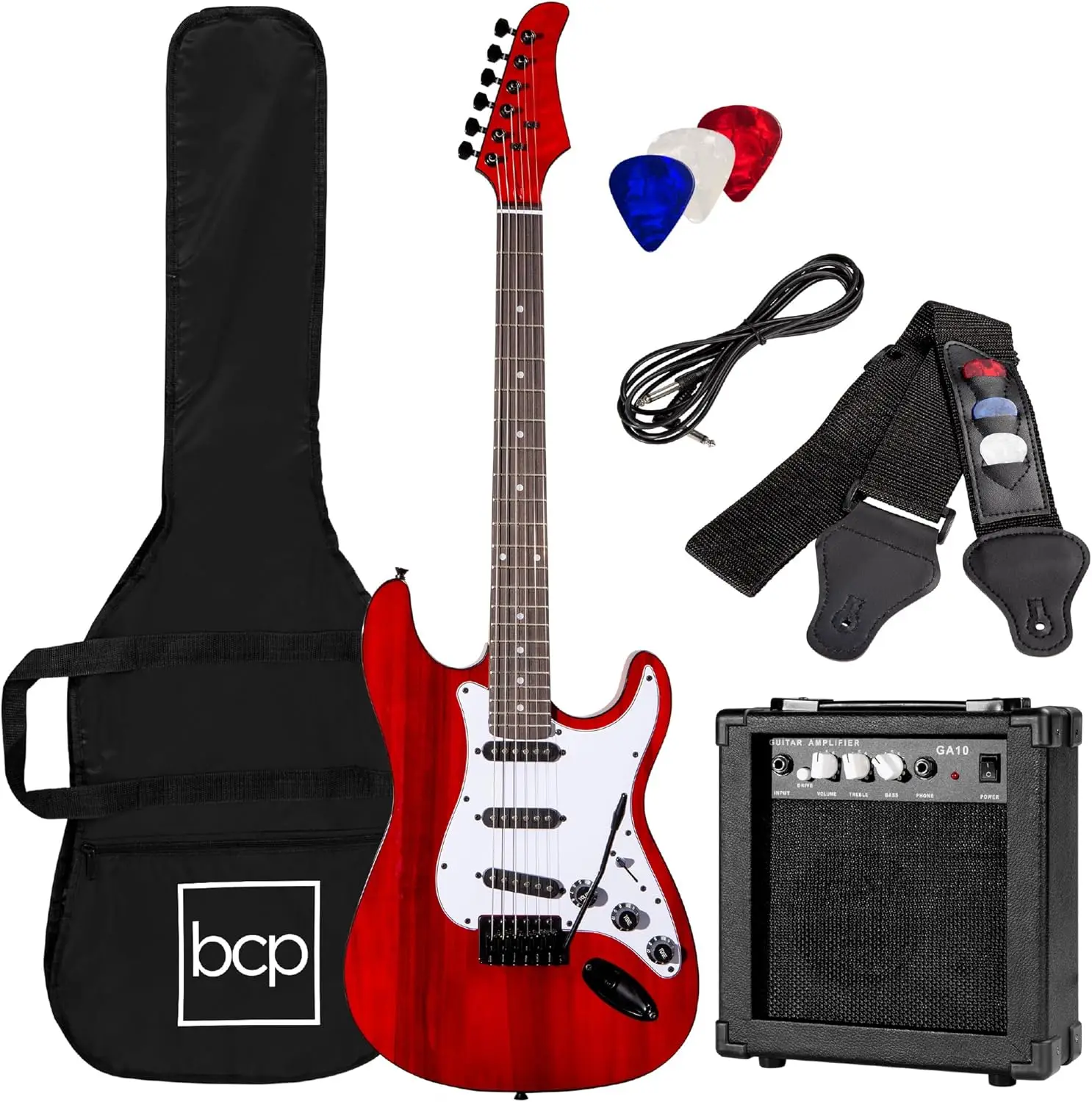 39in Full Size Beginner Electric Guitar Starter Kit w/Case, Strap, 10W Amp, Strings, Pick, Tremolo Bar