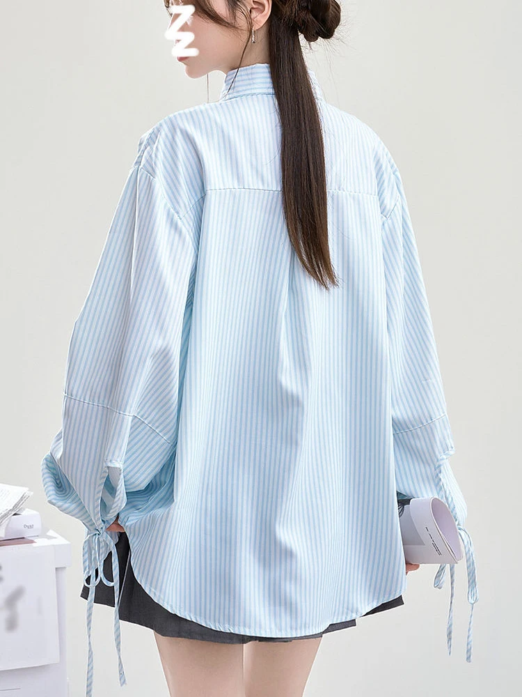 Chemise rayée à boutons de couleurs pour femmes, ample, doux, manches longues, chemisier élégant, mode coréenne, décontracté, surdimensionné, hauts mignons