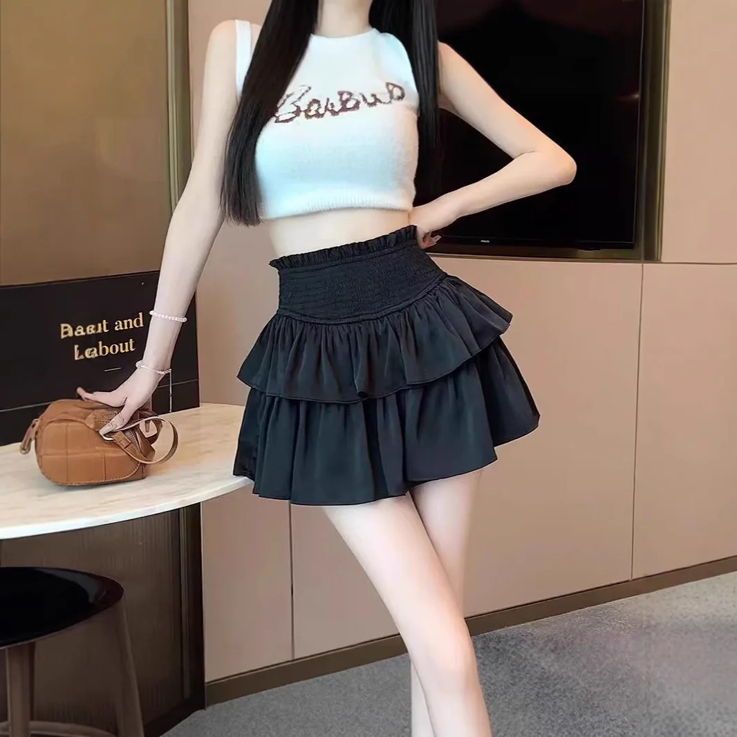 Women's Elastic High Waist Tiered Ruffle Mini Skirt Solid Black Double Layer Cake Shorts Sweet Y2K Summer Streetwear Short Skirt