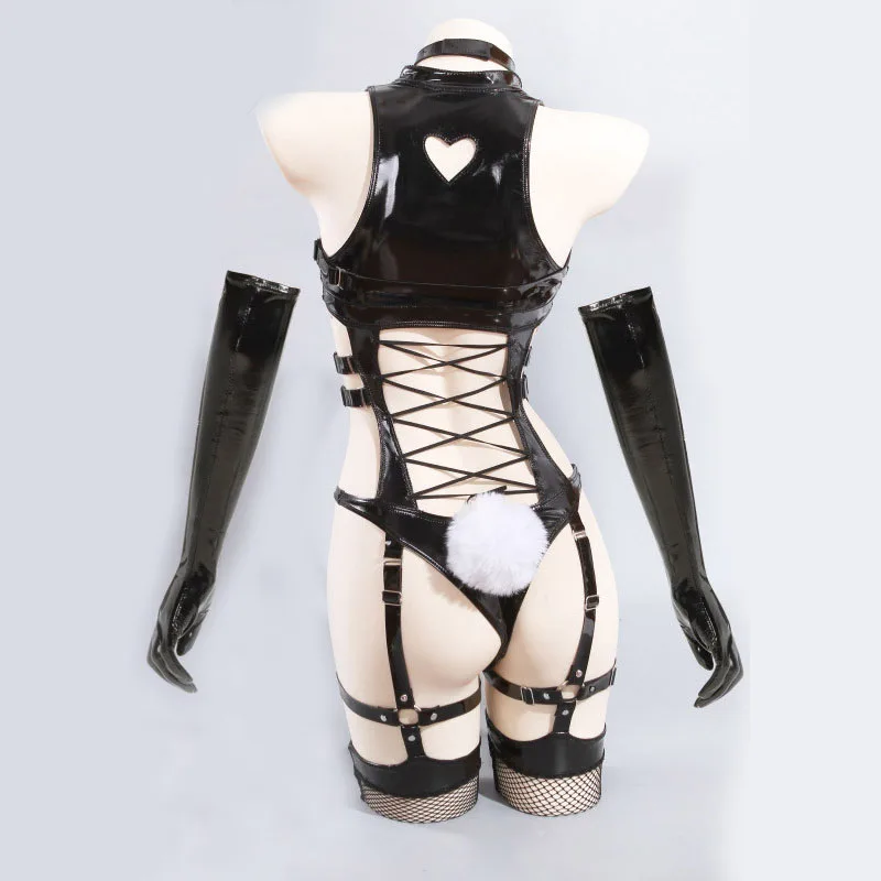 Restraint Bunny Girl Cosplay Costume Women Sexy Leather Bodysuit Gloves Socks Set Cute Rabbit Uniform Halloween Carnival Clothes - view 2