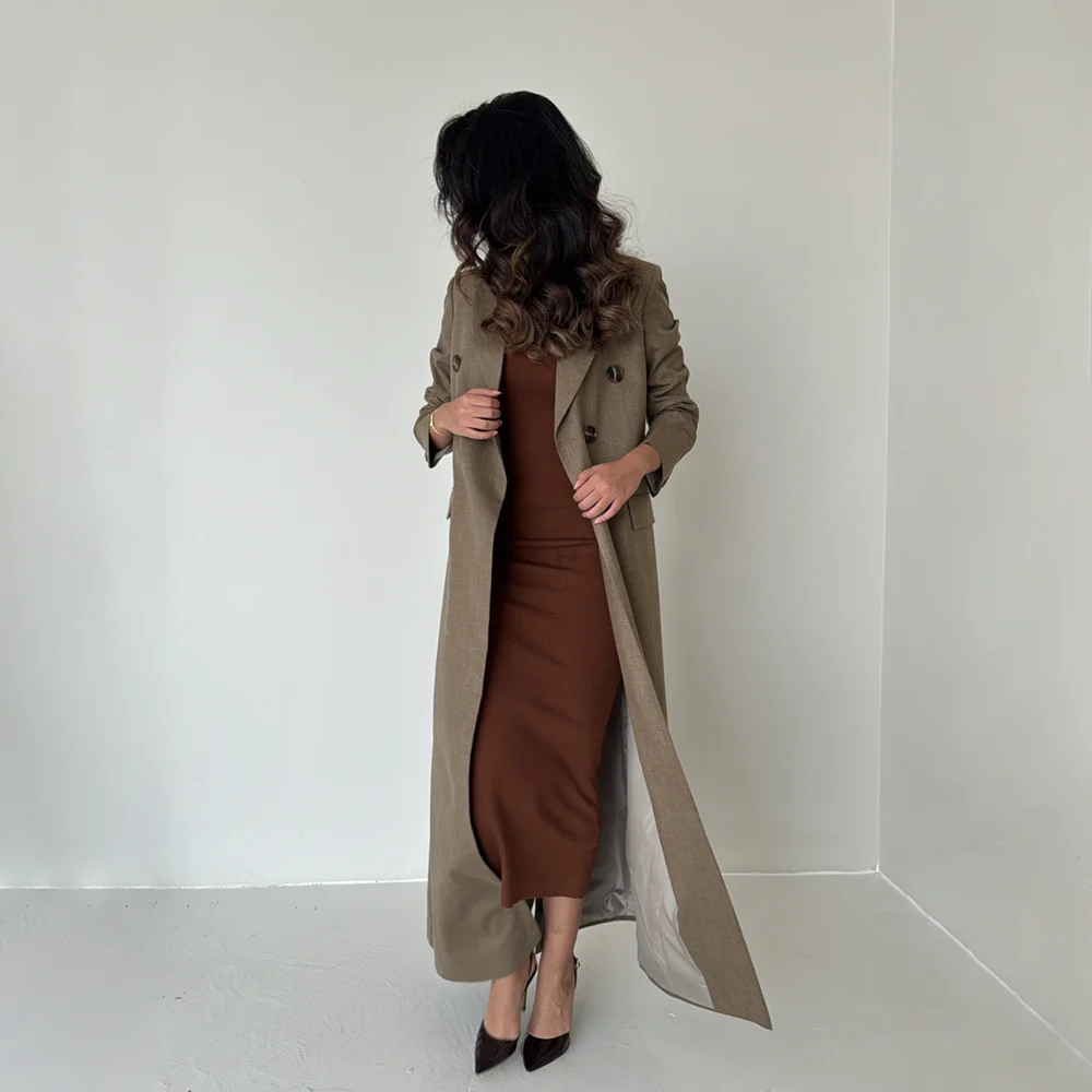 Women Jackets 1 Piece Fashion Peak Lapel Double Breasted Long Coat Solid Color Chic Basics Daily Casual Elegant Female Blazer