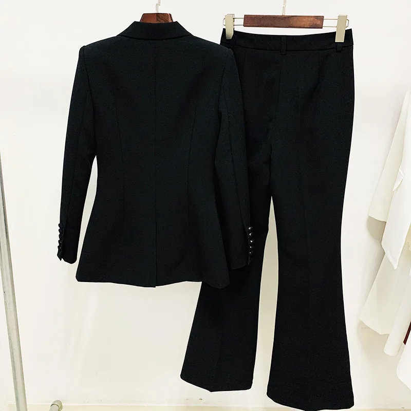 Blazer Pantsuits Two Piece Sets Black White Office Ladies Women Business Single Buttons Flared Pants Blazer + Pants Formal Suit