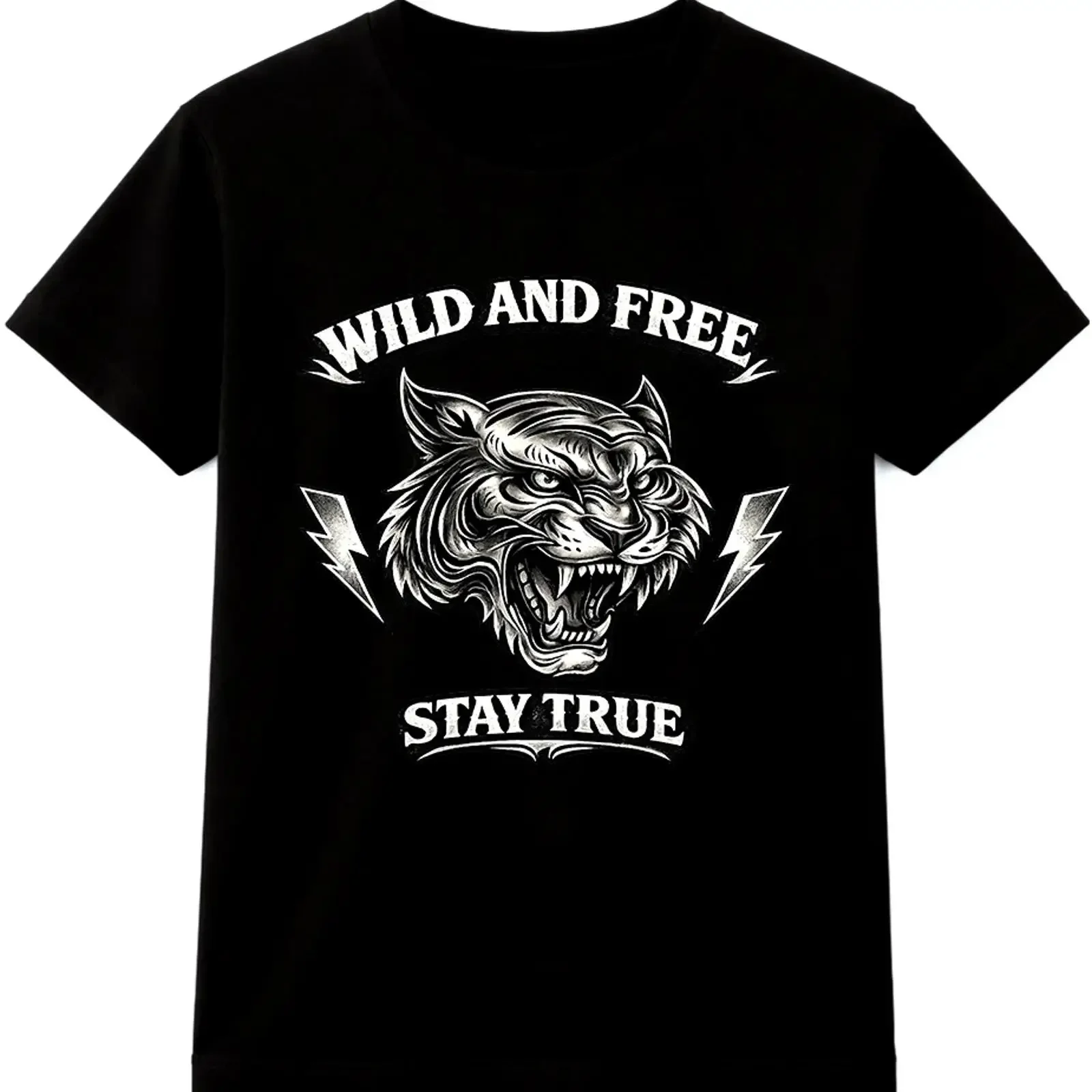 Tiger Wild And Free Stay True Roaring Big Cat Biker T Shirt vintage Washed Slightly streetwear Versatile Top For Everyday Wear