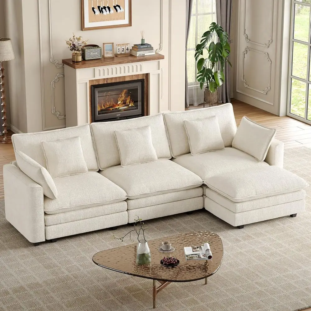 

Cream White 3-Seat Cloud Sofa with Movable Ottoman and Oversized L-Shaped Couch for Living Room