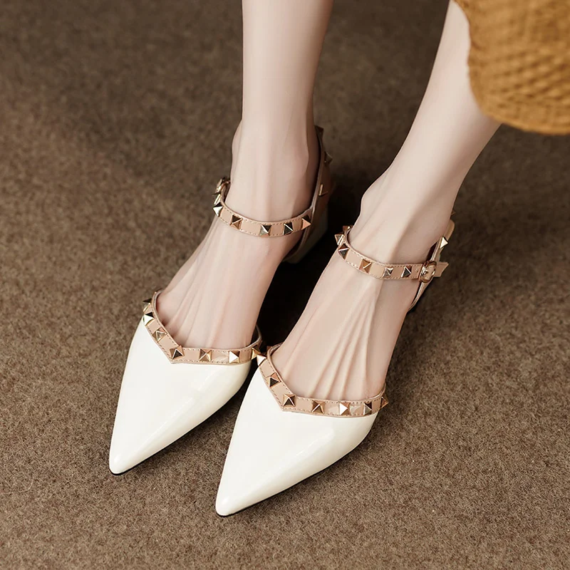 New Summer Fashionable Comfortable Elegant Casual Baotou Thick Heel Pointed Rivets Cowhide One-word Buckle Mid-heeled Shoes