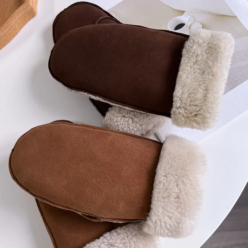 

Genuine Leather Wool Gloves Women Leather Gloves Thickened Warm Windproof Cycling Gloves Buckskin Texture Sheepskin Gloves
