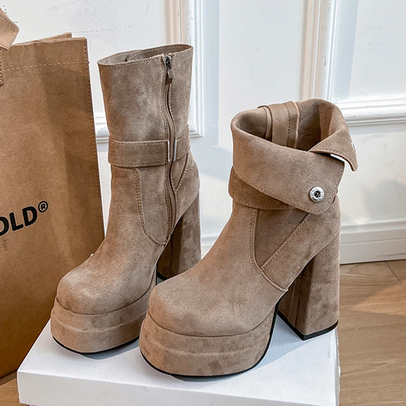 

Ankle Boots for Women High Heels Fashion Dress Shoes Chunky Suede Luxury Woman Boots 2025 Winter New Designer Botas De Mujer