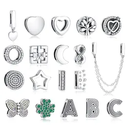Abalorios de plata de ley 925 para mujer, abalorios originales con Clip de reflejo, corazón, trébol, corona, compatible con pulseras de marca Pan, joyería