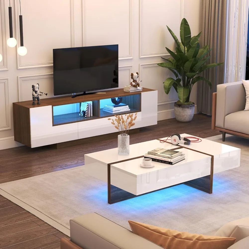 47 Inch Rectangular Coffee Table with LED Lights, Modern Coffee Table with Storage Drawers, Large LED Coffee Table